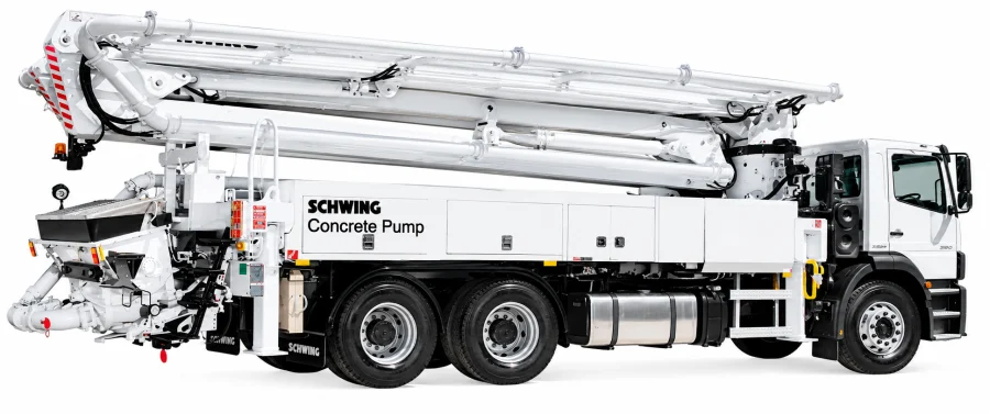 Schwing S 32 X truck mounted boom pump, 32 metre roll fold boom