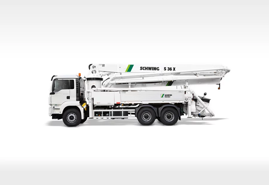 Schwing 36 metre boom, 4-stage roll fold truck mounted boom pump