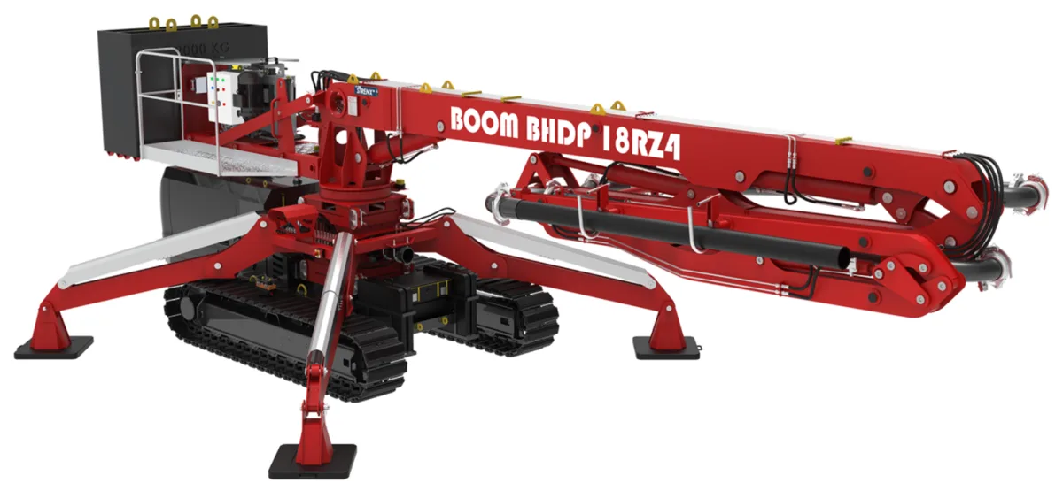 Boom BHDP 18RZ4 spider boom on its tracked undercarriage, outriggers set and the boom folded for travel