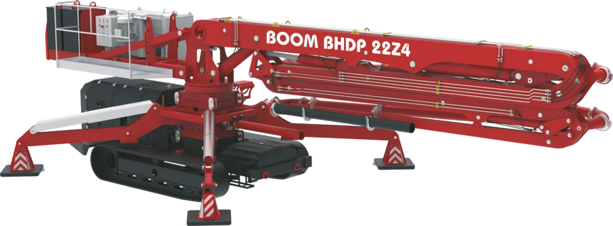 Boom BHDP 22Z4 spider boom on its tracked undercarriage, outriggers set and the boom folded for travel
